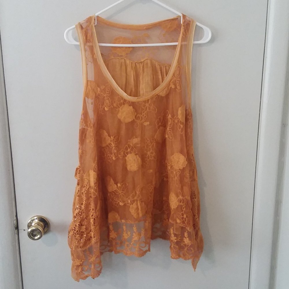 Italian Mustard Sheer Lace Embroidered Top